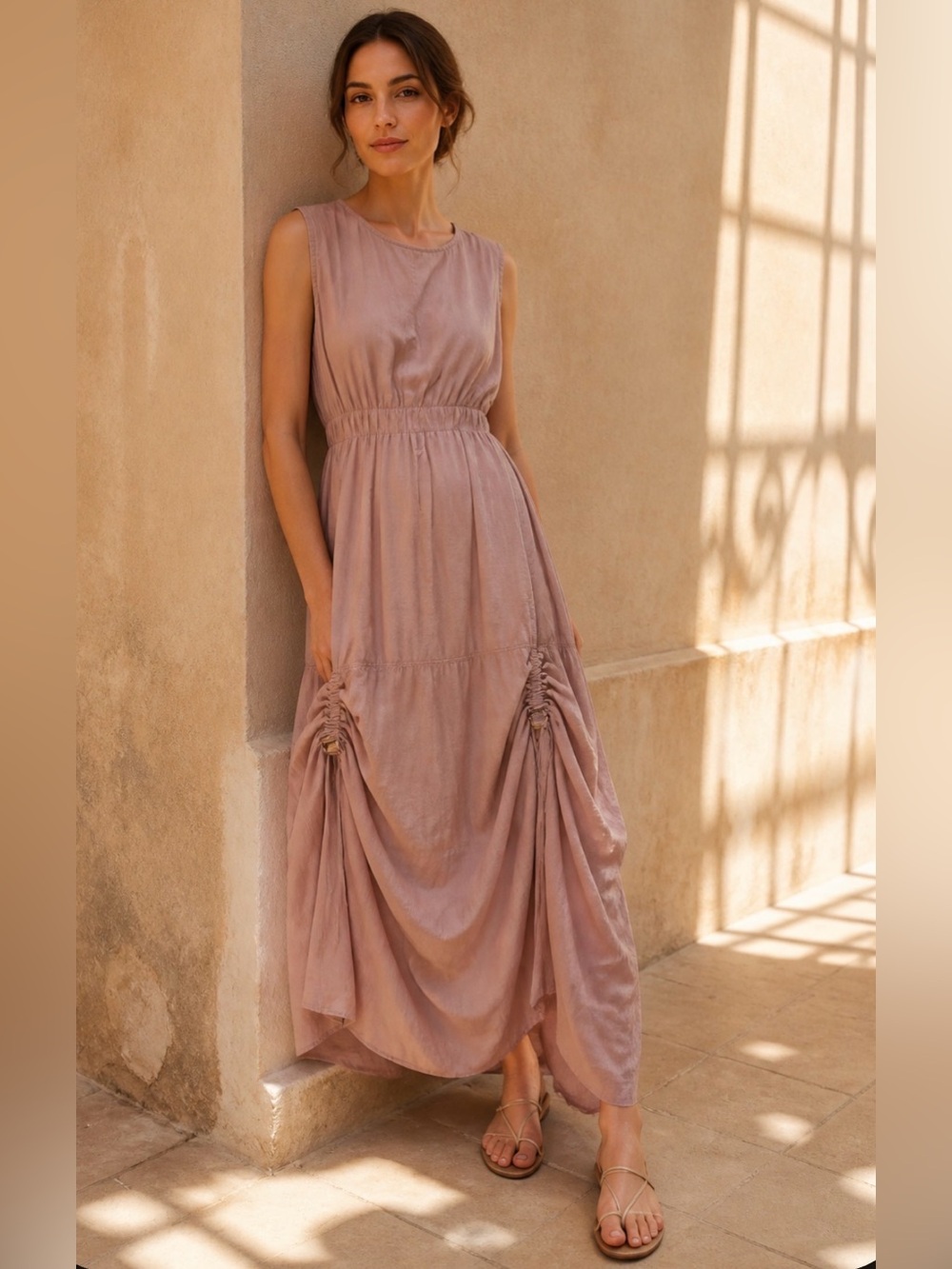 Mia Inspiration Sleeveless Blush Pink Maxi Dress with Adj Gathered Skirt. Sz S